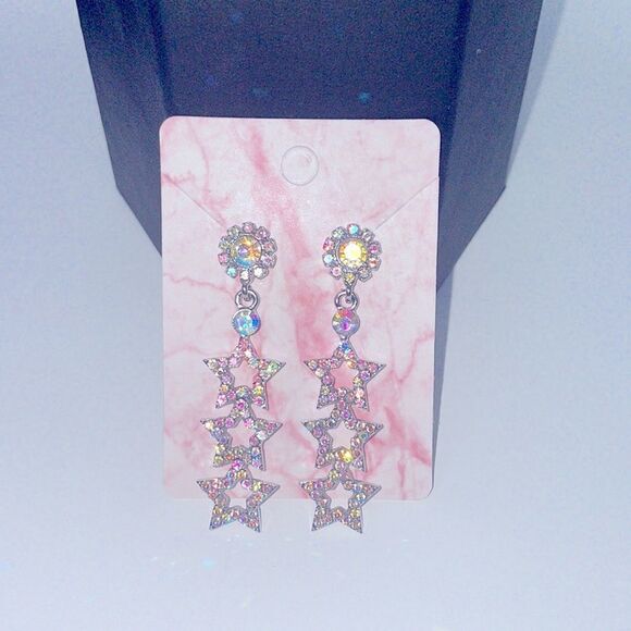 Iridescent Rhinestone Crystal Star Post Drop Earrings - Picture 5 of 7